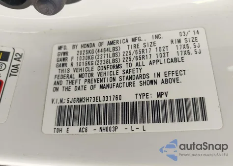 2014 Honda Cr-V Ex-L z USA, uszkodzony, nr VIN 5J6RM3H73EL031760